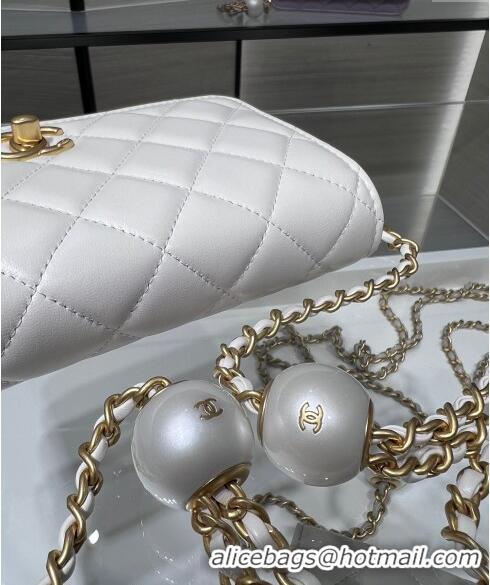 Luxury Classic Chanel Lambskin Wallet On Pearls Chain WOC AP3964 White 2024