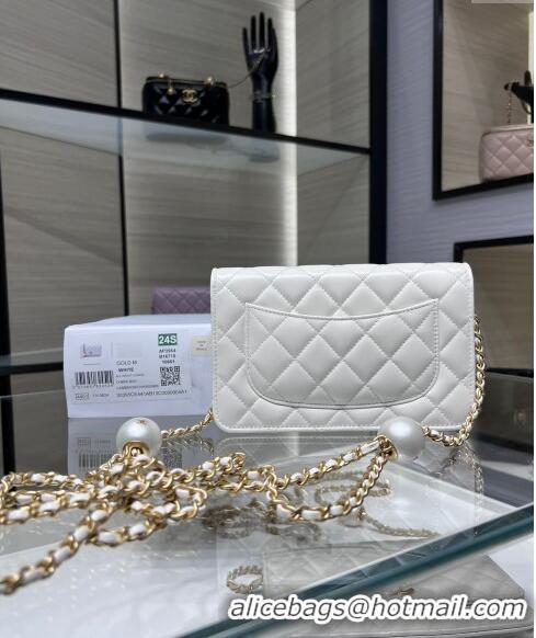 Luxury Classic Chanel Lambskin Wallet On Pearls Chain WOC AP3964 White 2024