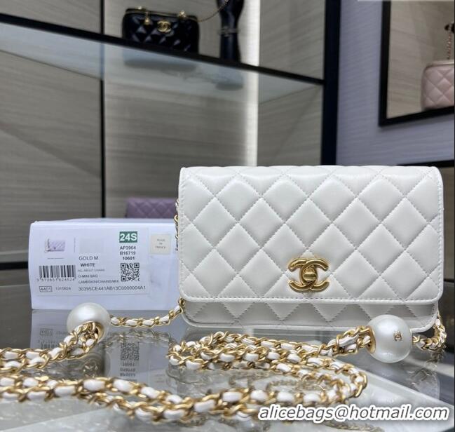 Luxury Classic Chanel Lambskin Wallet On Pearls Chain WOC AP3964 White 2024