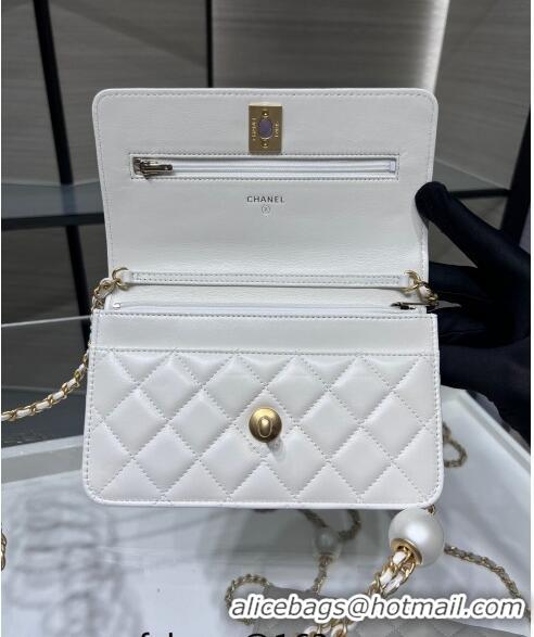 Luxury Classic Chanel Lambskin Wallet On Pearls Chain WOC AP3964 White 2024