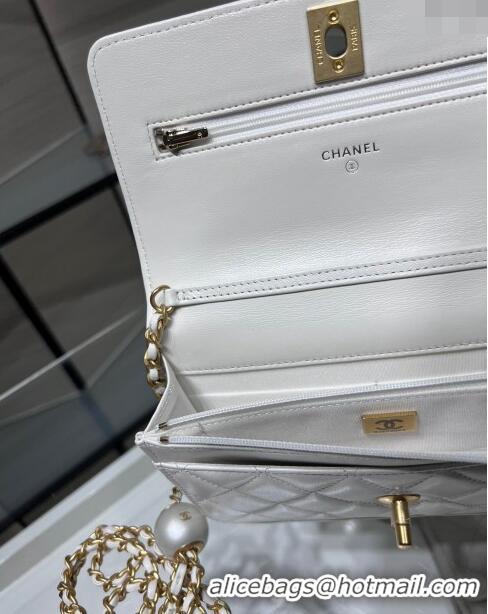 Luxury Classic Chanel Lambskin Wallet On Pearls Chain WOC AP3964 White 2024