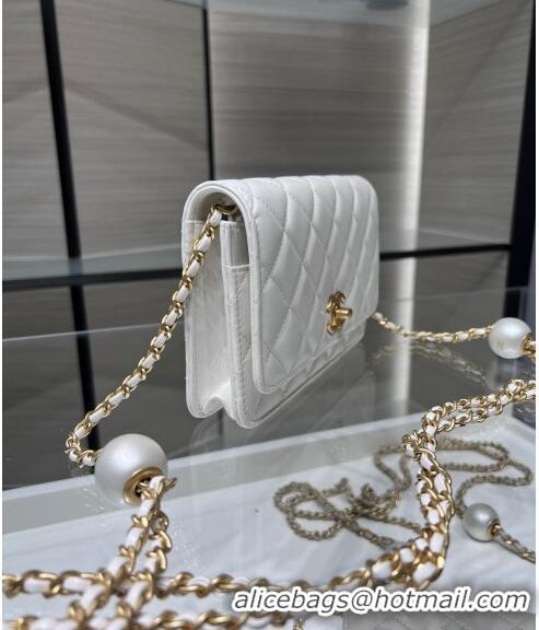 Luxury Classic Chanel Lambskin Wallet On Pearls Chain WOC AP3964 White 2024