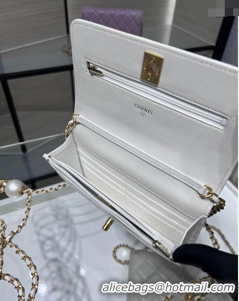 Luxury Classic Chanel Lambskin Wallet On Pearls Chain WOC AP3964 White 2024