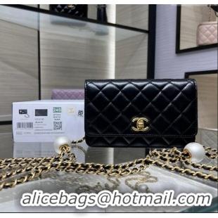 Luxury Classic Chanel Lambskin Wallet On Pearls Chain WOC AP3964 Black 2024