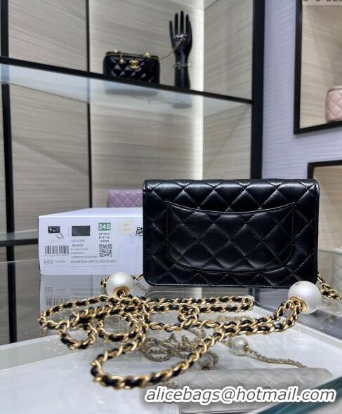 Luxury Classic Chanel Lambskin Wallet On Pearls Chain WOC AP3964 Black 2024