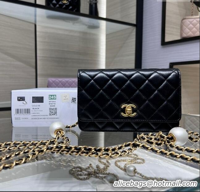 Luxury Classic Chanel Lambskin Wallet On Pearls Chain WOC AP3964 Black 2024