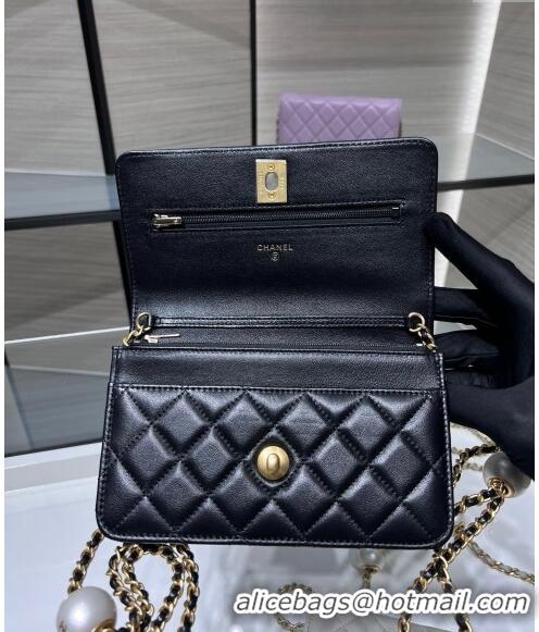 Luxury Classic Chanel Lambskin Wallet On Pearls Chain WOC AP3964 Black 2024