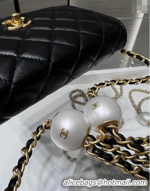 Luxury Classic Chanel Lambskin Wallet On Pearls Chain WOC AP3964 Black 2024