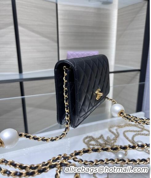 Luxury Classic Chanel Lambskin Wallet On Pearls Chain WOC AP3964 Black 2024