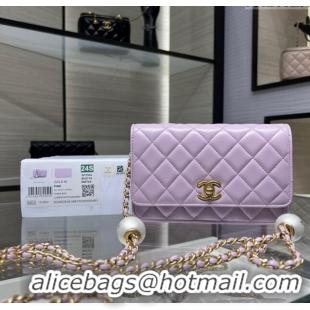 Buy Classic Chanel Lambskin Wallet On Pearls Chain WOC AP3964 Light Purple 2024