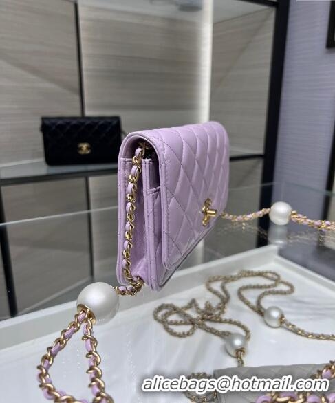 Buy Classic Chanel Lambskin Wallet On Pearls Chain WOC AP3964 Light Purple 2024