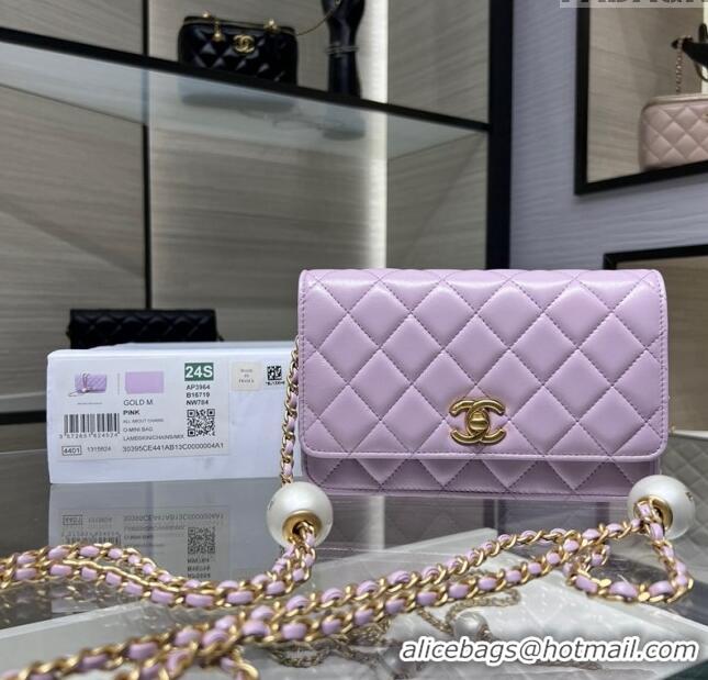 Buy Classic Chanel Lambskin Wallet On Pearls Chain WOC AP3964 Light Purple 2024