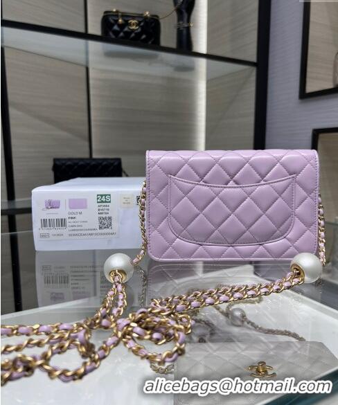 Buy Classic Chanel Lambskin Wallet On Pearls Chain WOC AP3964 Light Purple 2024