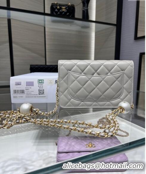 High Quality Chanel Lambskin Wallet On Pearls Chain WOC AP3964 Grey 2024