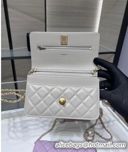 High Quality Chanel Lambskin Wallet On Pearls Chain WOC AP3964 Grey 2024