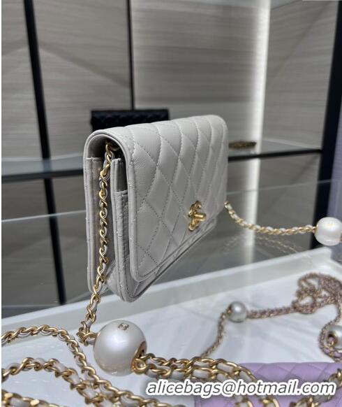 High Quality Chanel Lambskin Wallet On Pearls Chain WOC AP3964 Grey 2024