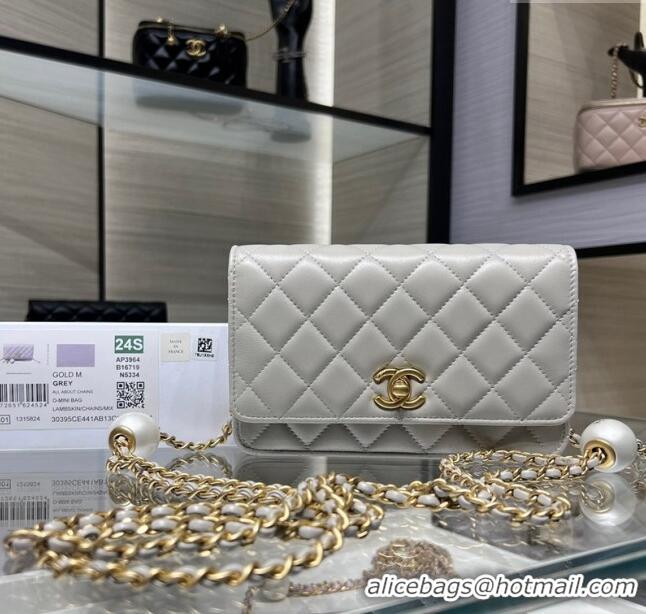 High Quality Chanel Lambskin Wallet On Pearls Chain WOC AP3964 Grey 2024