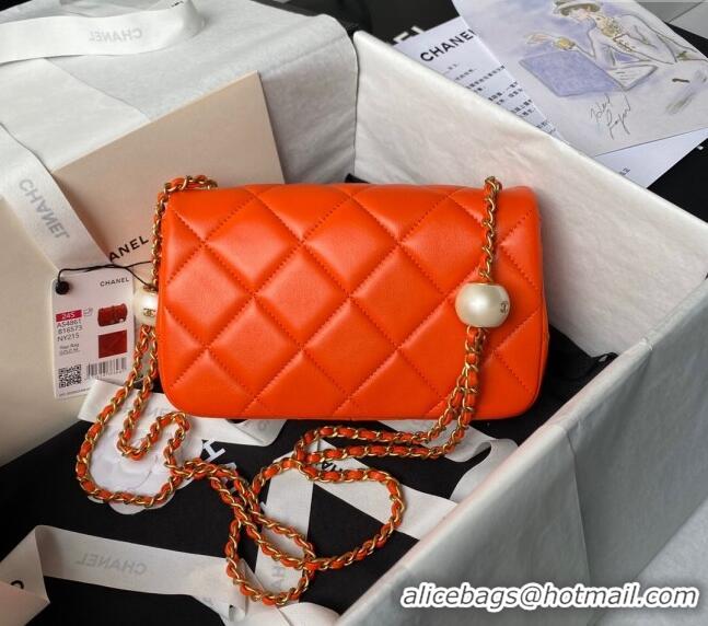 Cheapest Chanel Lambskin Small Flap bag with Pearls Chain AS4861 Orange 2024