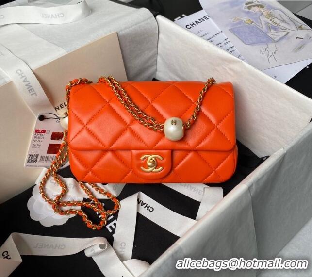 Cheapest Chanel Lambskin Small Flap bag with Pearls Chain AS4861 Orange 2024