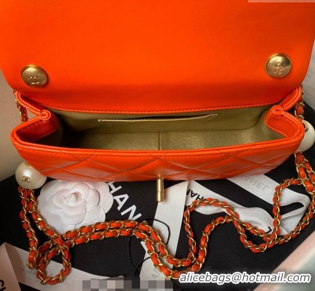 Cheapest Chanel Lambskin Small Flap bag with Pearls Chain AS4861 Orange 2024