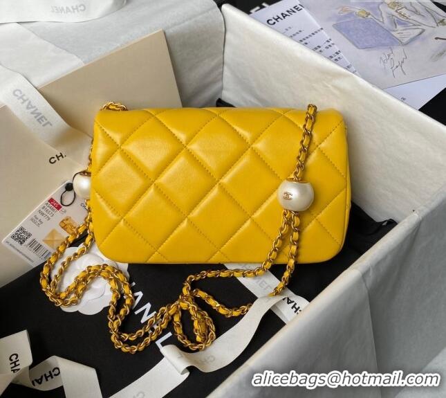 Buy New Cheap Chanel Lambskin Small Flap bag with Pearls Chain AS4861 Yellow 2024