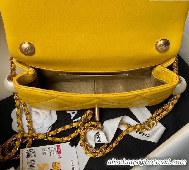 Buy New Cheap Chanel Lambskin Small Flap bag with Pearls Chain AS4861 Yellow 2024