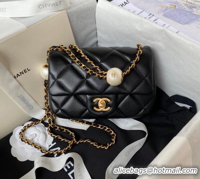 Luxury Classic Chanel Lambskin Mini Flap bag with Pearls Chain AS4868 Black 2024