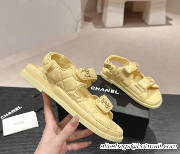 Grade Quality Chanel Quilted Lambskin Strap Flat Sandals with Chain CC Yellow 601035