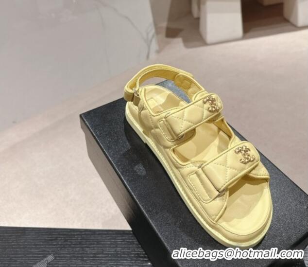 Grade Quality Chanel Quilted Lambskin Strap Flat Sandals with Chain CC Yellow 601035