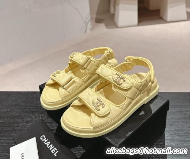 Grade Quality Chanel Quilted Lambskin Strap Flat Sandals with Chain CC Yellow 601035