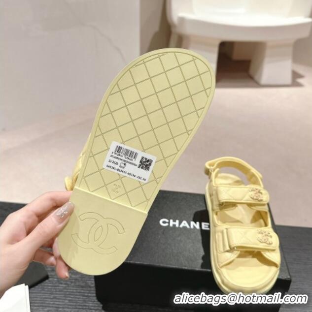 Grade Quality Chanel Quilted Lambskin Strap Flat Sandals with Chain CC Yellow 601035