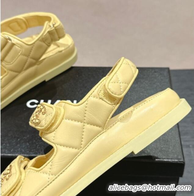 Grade Quality Chanel Quilted Lambskin Strap Flat Sandals with Chain CC Yellow 601035