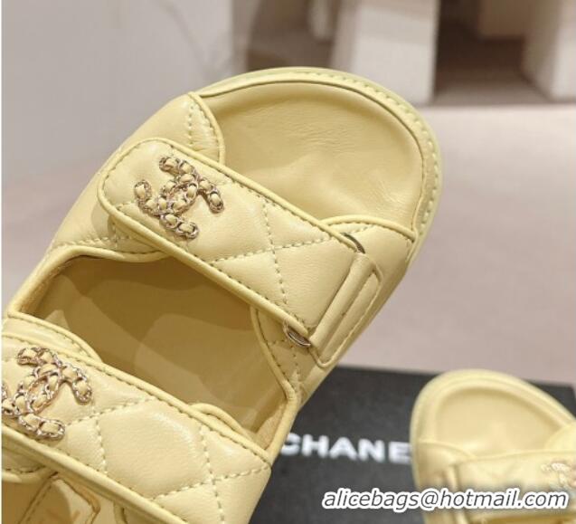 Grade Quality Chanel Quilted Lambskin Strap Flat Sandals with Chain CC Yellow 601035