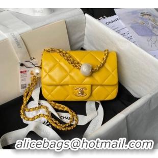 New Release Creation Chanel Lambskin Mini Flap bag with Pearls Chain AS4868 Yellow 2024