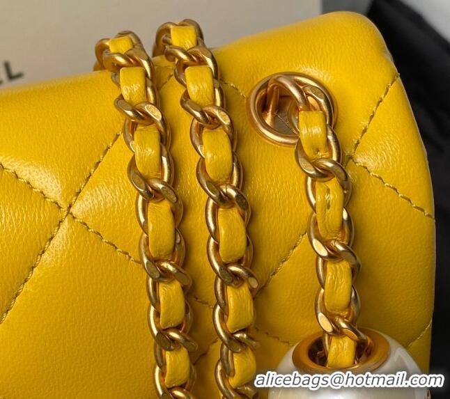 New Release Creation Chanel Lambskin Mini Flap bag with Pearls Chain AS4868 Yellow 2024