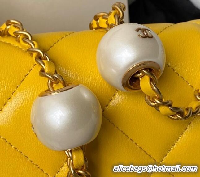 New Release Creation Chanel Lambskin Mini Flap bag with Pearls Chain AS4868 Yellow 2024