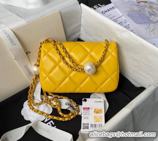 New Release Creation Chanel Lambskin Mini Flap bag with Pearls Chain AS4868 Yellow 2024