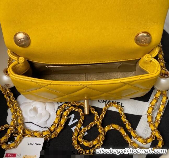 New Release Creation Chanel Lambskin Mini Flap bag with Pearls Chain AS4868 Yellow 2024