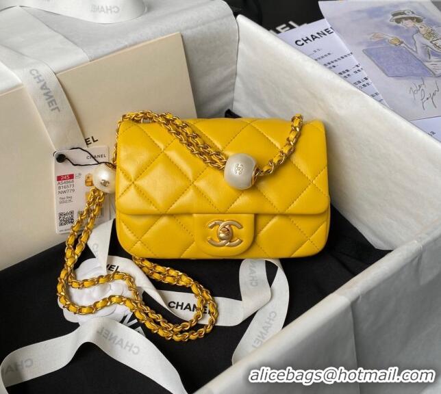 New Release Creation Chanel Lambskin Mini Flap bag with Pearls Chain AS4868 Yellow 2024