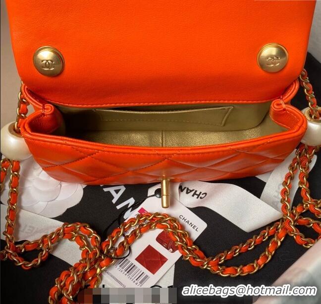 Buy Luxury Chanel Lambskin Mini Flap bag with Pearls Chain AS4868 Orange 2024