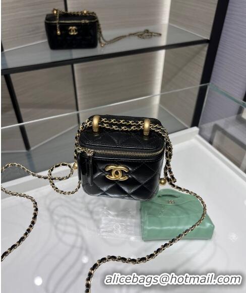 Modern Classic Chanel Shiny Calfskin Mini Clutch with Chain and Gold-Tone Balls AP2292 Black 2024