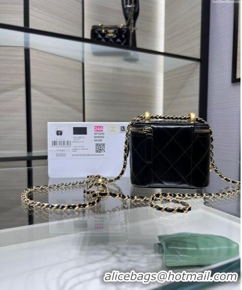 Modern Classic Chanel Shiny Calfskin Mini Clutch with Chain and Gold-Tone Balls AP2292 Black 2024