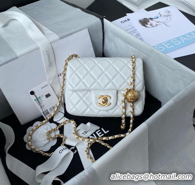 Sophisticated Chanel Lambskin Mini Square Flap Bag with Gold-Tone Metal Ball AS1786 White 2024