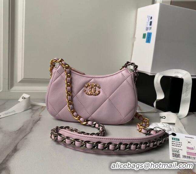 Top Quality Chanel 19 Calfskin Clutch with Long Chain AP3763 Light Purple 2024