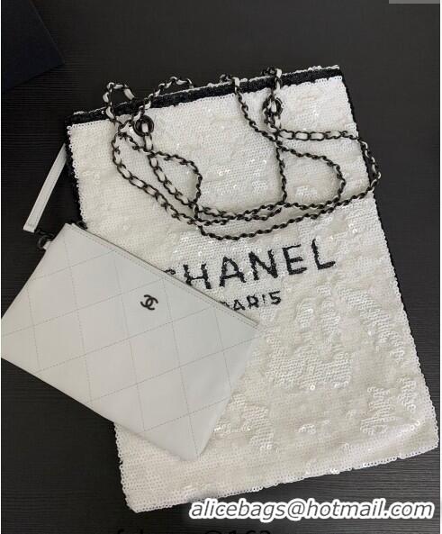 Top Quality Chanel Sequins & Black Metal Shopping bag AS4856 White/Black 2024