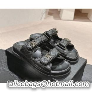 Best Price Chanel Quilted Lambskin Strap Flat Slides Sandal with Chain CC Black 601037