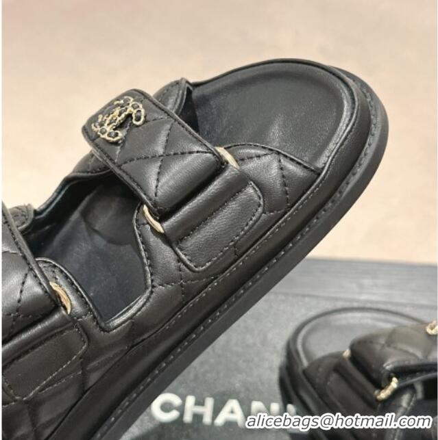 Best Price Chanel Quilted Lambskin Strap Flat Slides Sandal with Chain CC Black 601037