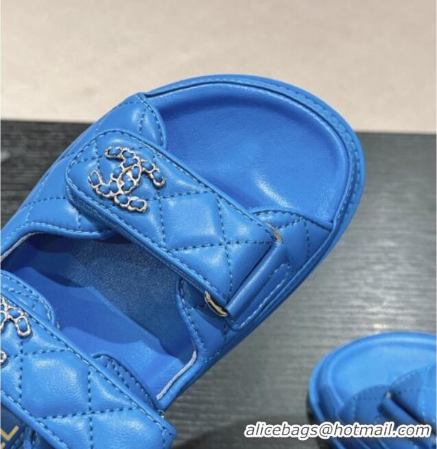 Top Grade Chanel Quilted Lambskin Strap Flat Slides Sandal with Chain CC Sky Blue 601039