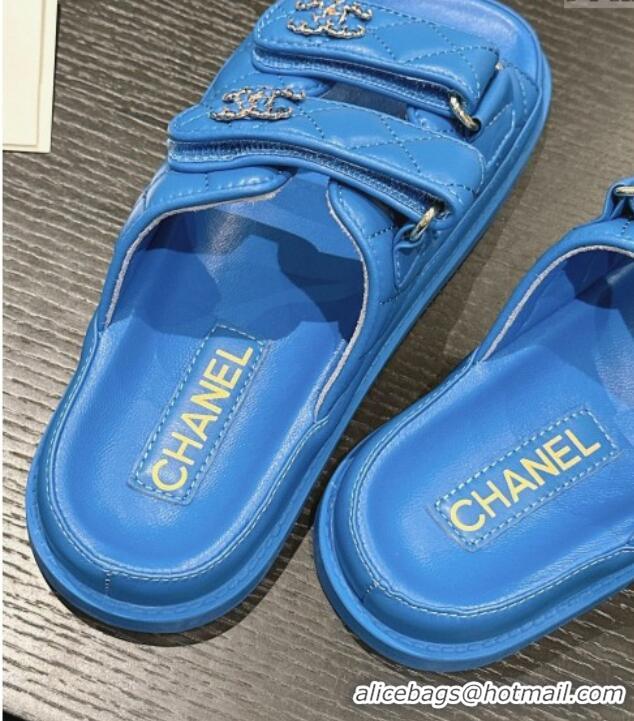 Top Grade Chanel Quilted Lambskin Strap Flat Slides Sandal with Chain CC Sky Blue 601039