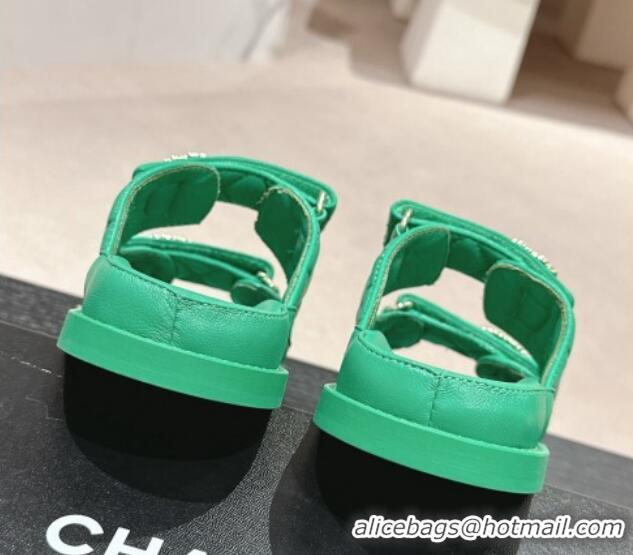 Purchase Chanel Quilted Lambskin Strap Flat Slides Sandal with Chain CC Green 601041